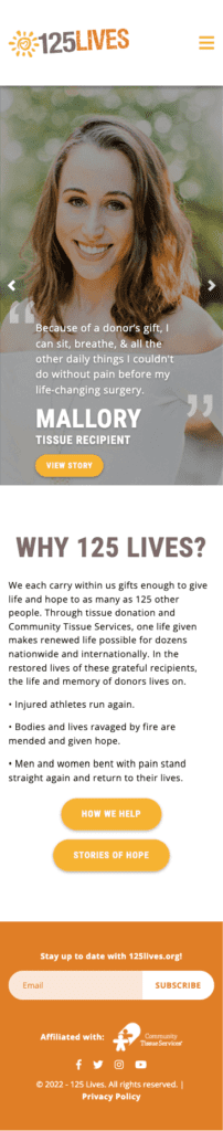 125 Lives Website Mobile - Home Page