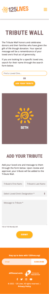 125 Lives Website Mobile - Tribute Wall Page